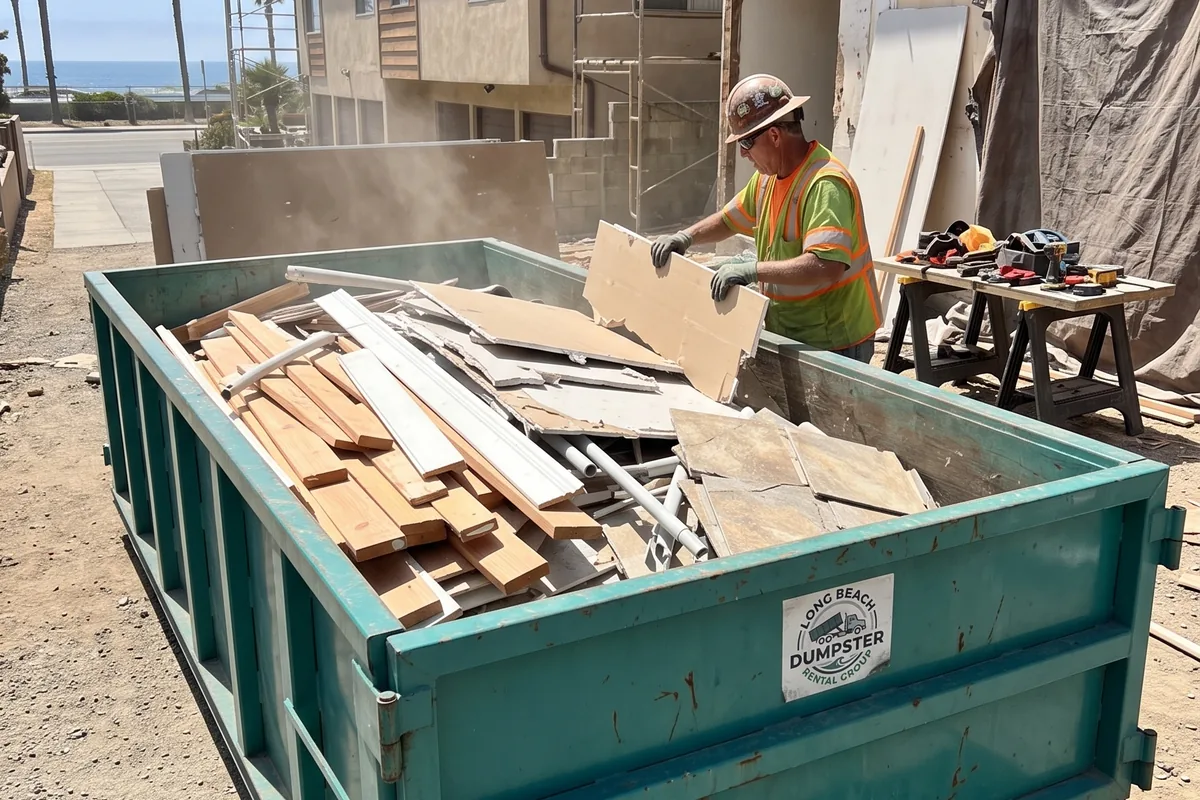 Construction dumpster filled with debris at a Long Beach, CA job site