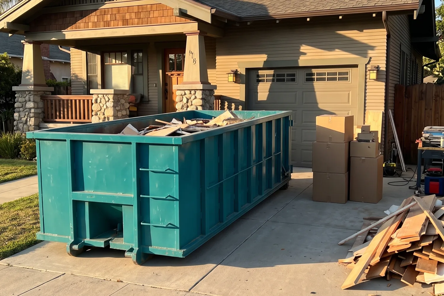 Teal roll-off dumpster on a Long Beach, CA home driveway with palm trees