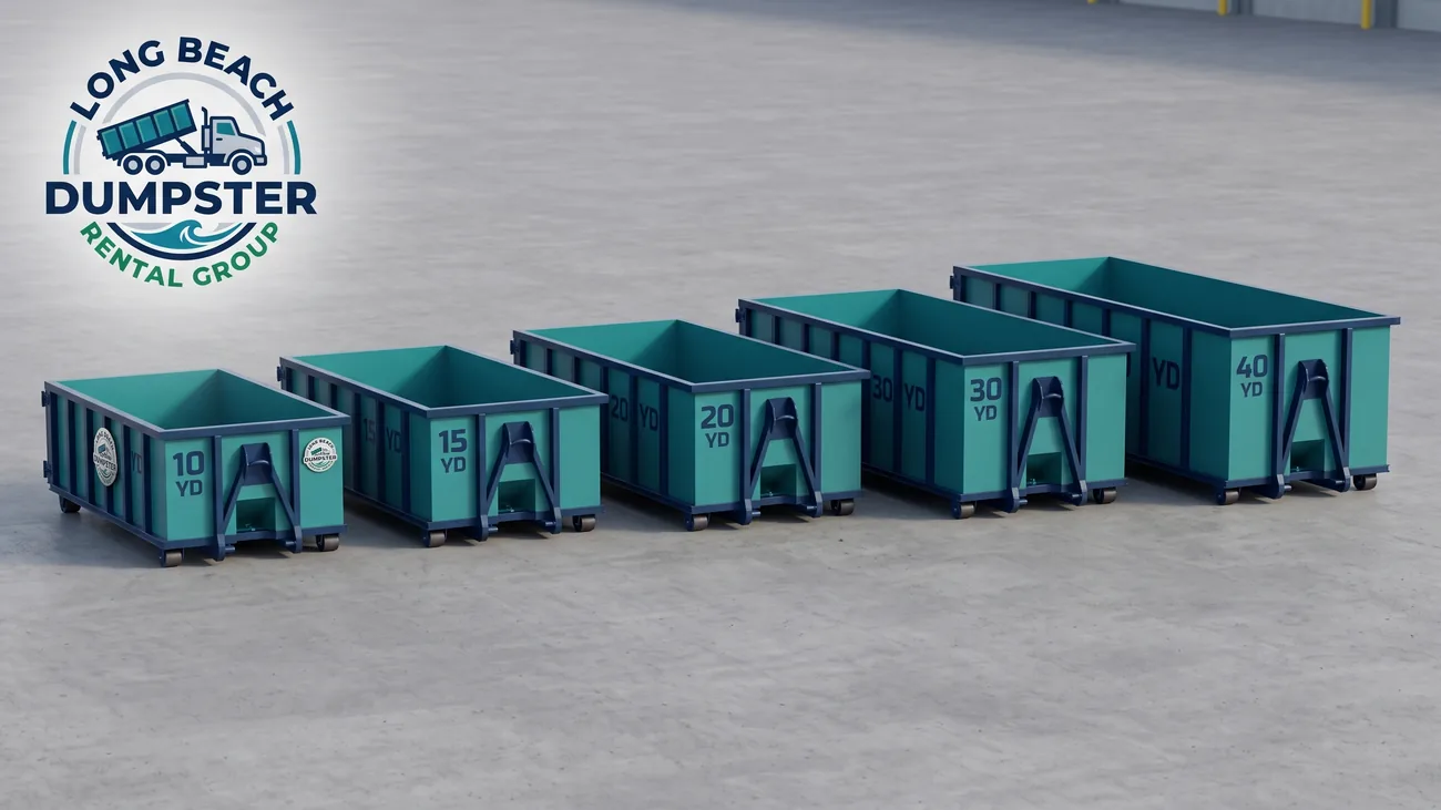 10, 15, 20, 30 and 40 yard roll-off dumpsters lined up at the Long Beach Dumpster Rental Group yard