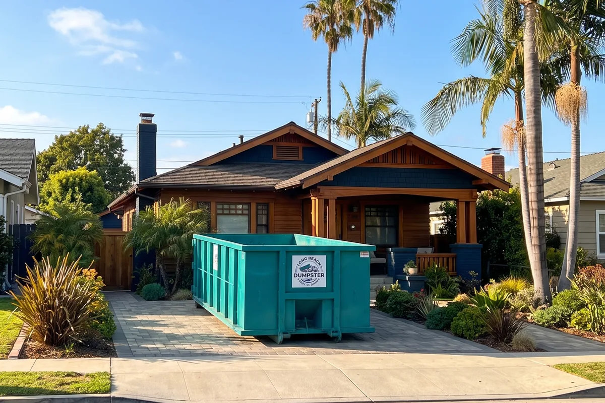Teal roll-off dumpster on a residential driveway in a Long Beach neighborhood
