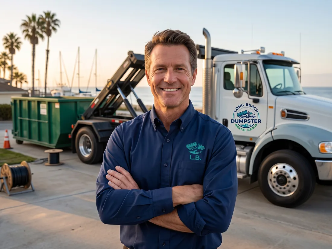 Owner of Long Beach Dumpster Rental Group standing in front of a navy roll-off truck