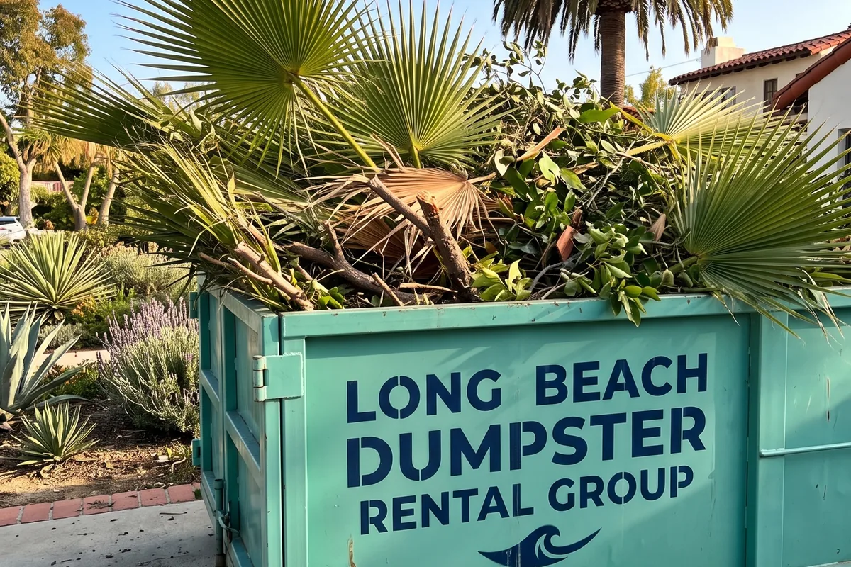 Dumpster loaded with yard waste and landscaping debris in Long Beach, CA